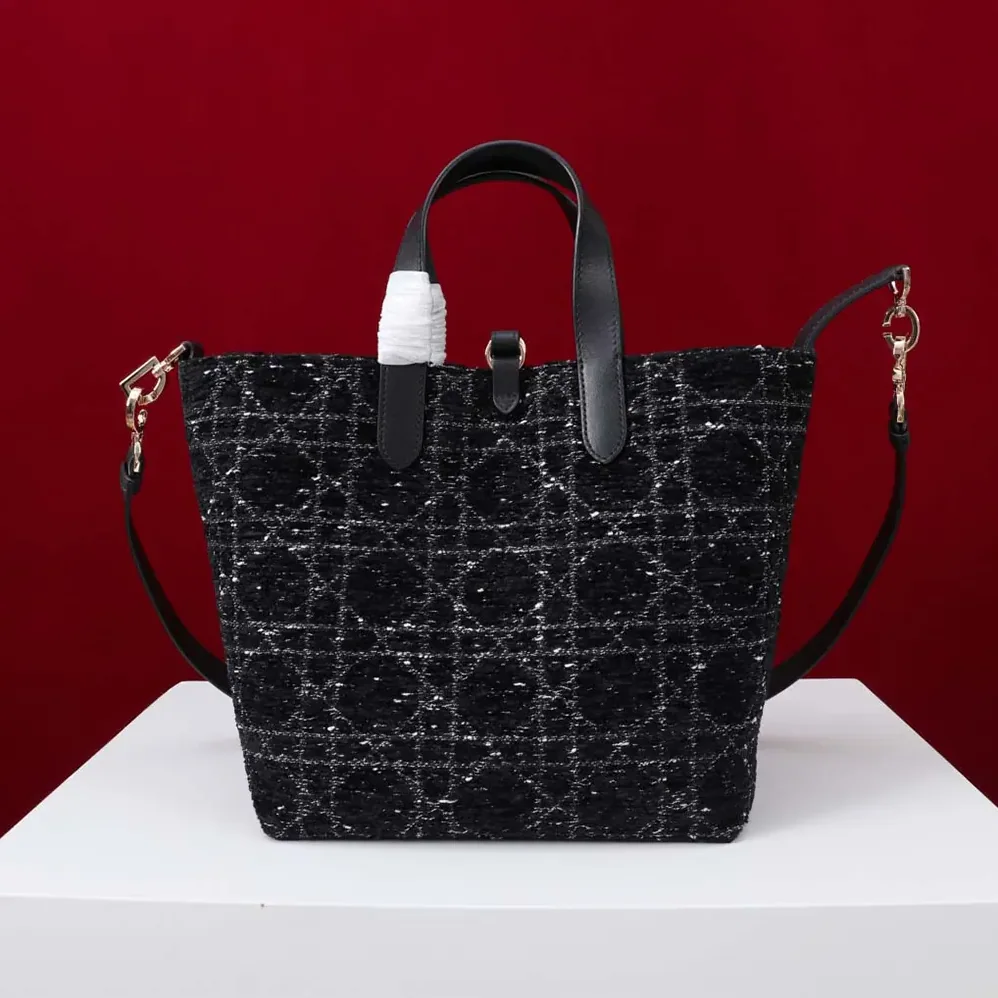 Dior Medium Dior Toujours Vertical Tote Bag Black Tweed with White Cannage Motif for Women Dior Medium Dior Toujours Vertical Tote Bag Black Tweed with White Cannage Motif for Women