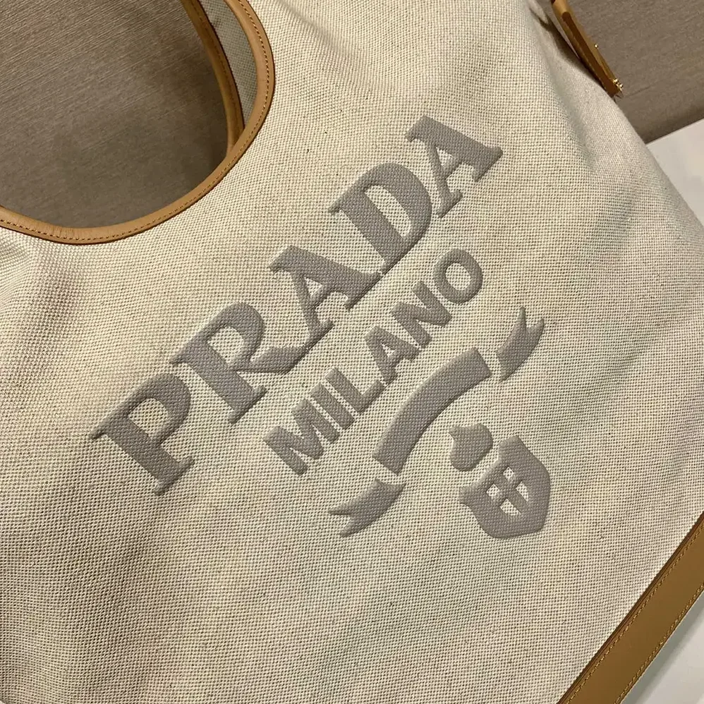 Prada Large Linen Blend and Leather Tote Bag for Women