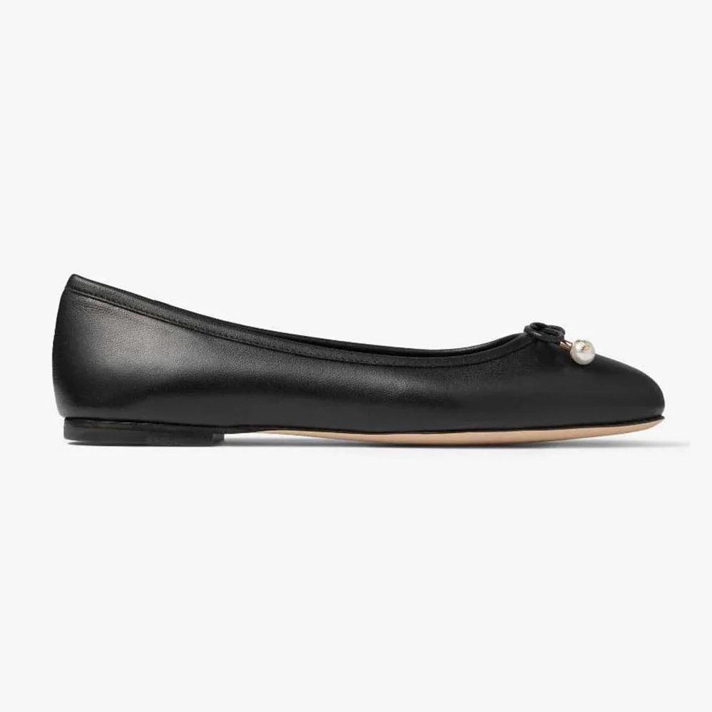 Jimmy Choo Elme Flat Black Nappa Leather Flats with Pearl Embellishment for Women Jimmy Choo Elme Flat Black Nappa Leather Flats with Pearl Embellishment for Women