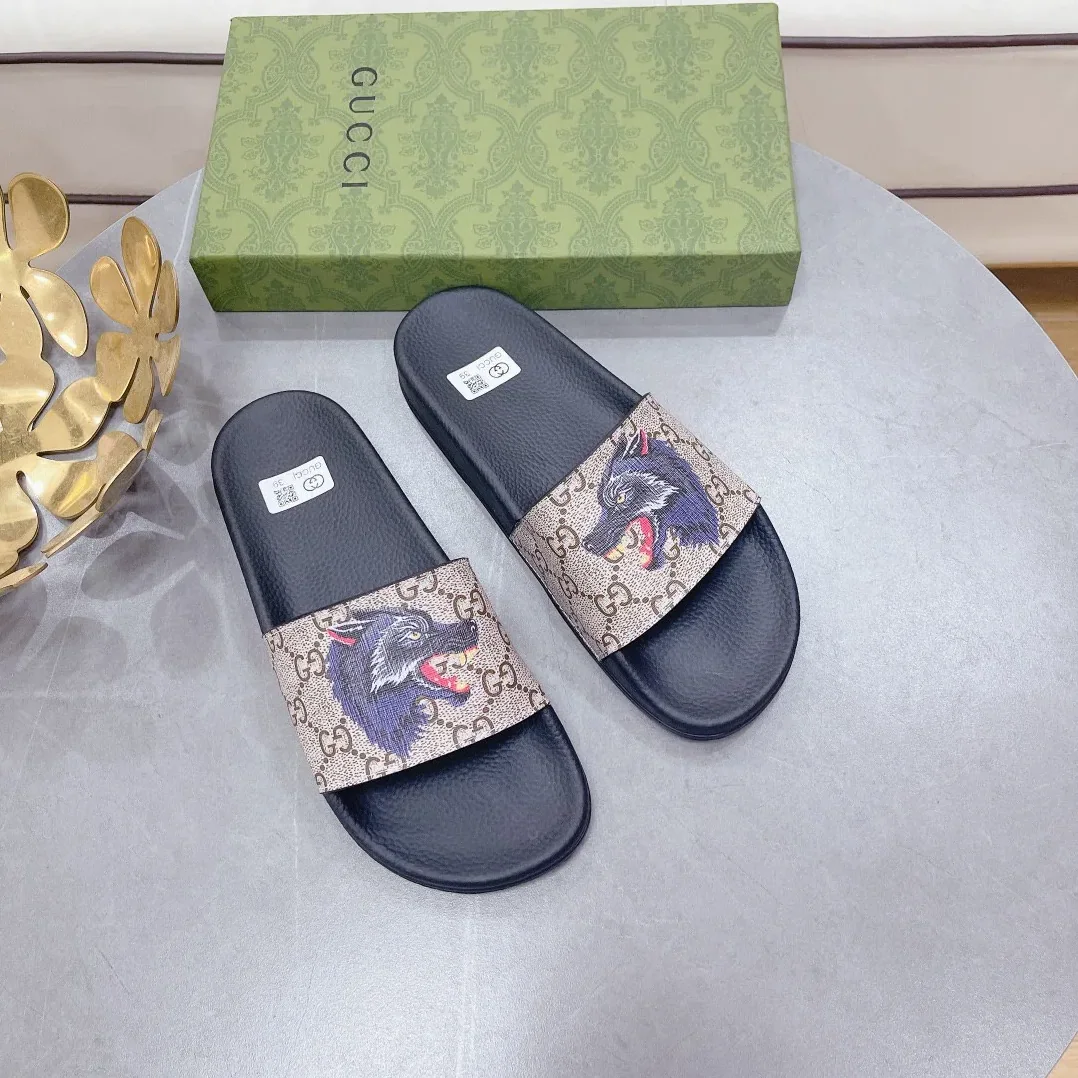 Gucci Gucci Supreme Slides With Wolf Black And Gray for Women Gucci Gucci Supreme Slides With Wolf Black And Gray for Women