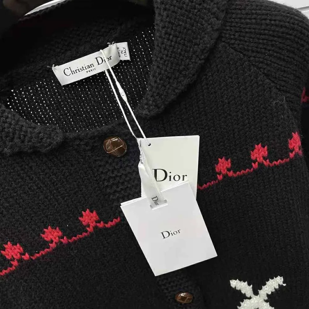 Dior Dioramour Cardigan Navy Blue White and Red Wool and Cashmere for Women