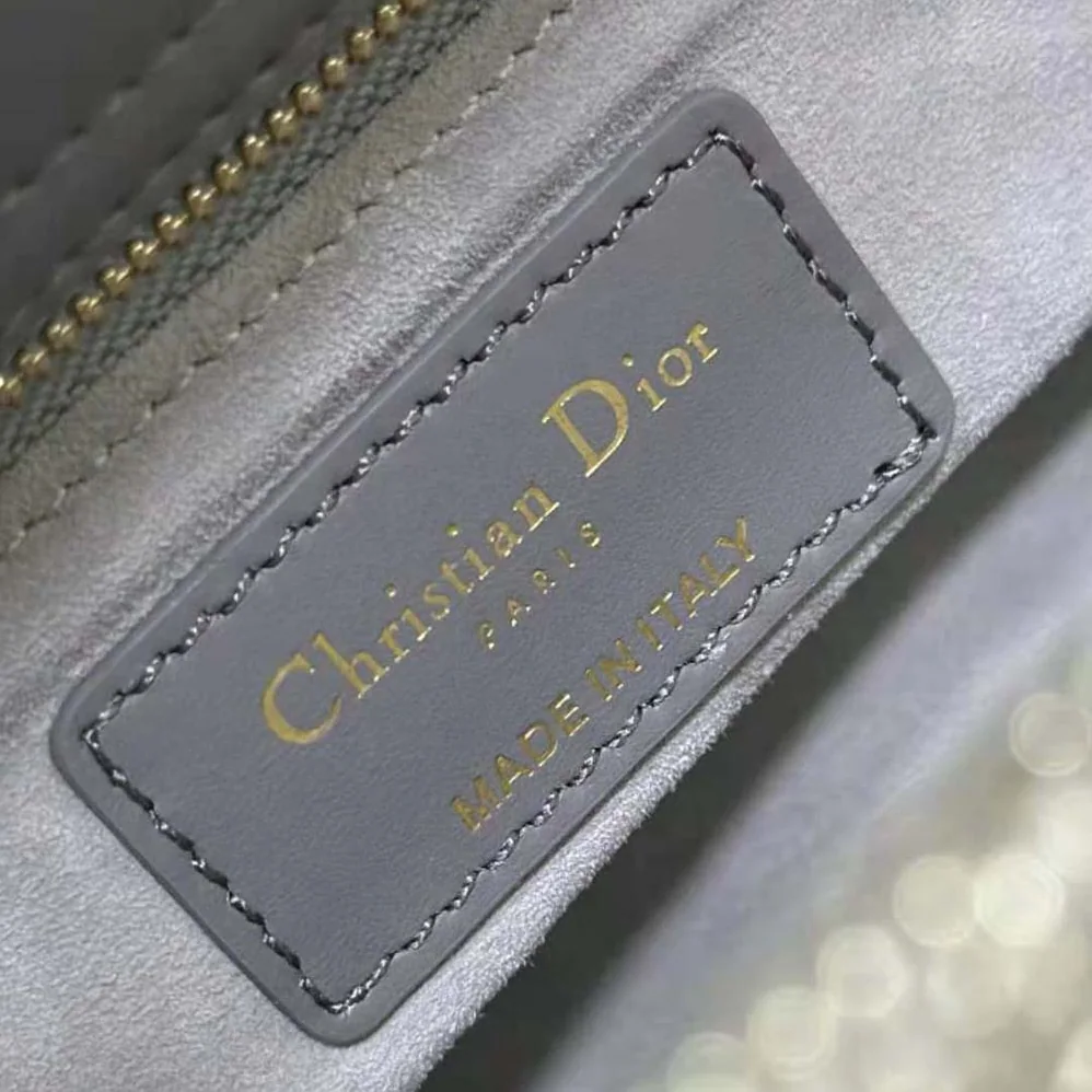 Dior Small Lady Dior Bag Gray Smooth Calfskin and Satin with Bead Embroidery for Women