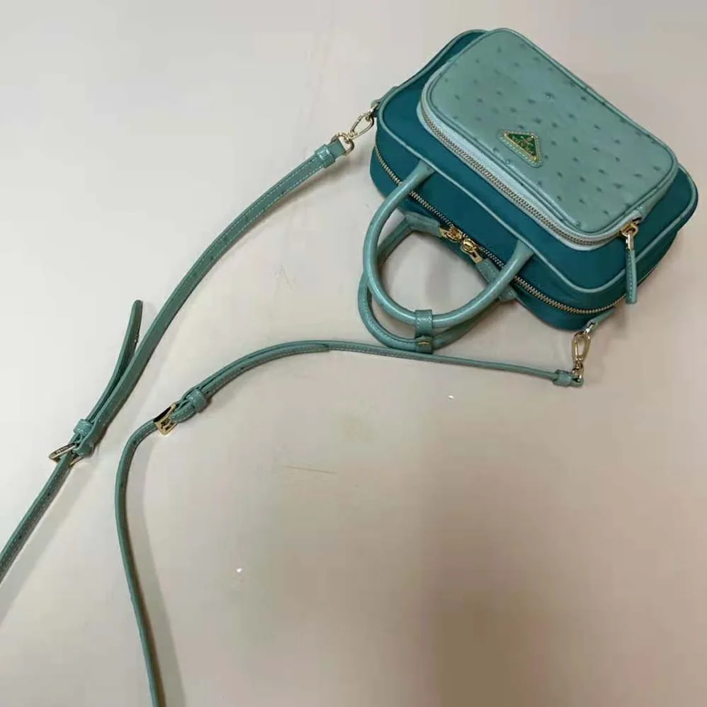 Prada Re-Nylon and Ostrich Leather Two-handle Bag for Women in Green Prada Re-Nylon and Ostrich Leather Two-handle Bag for Women in Green