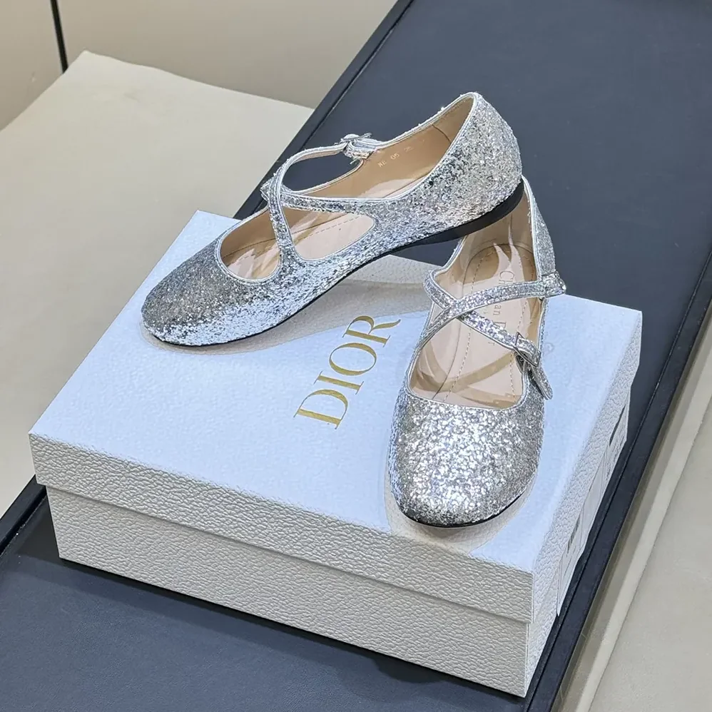 Dior Very Dior Ballet Flat Silver-Tone Laminated Lambskin and Glitter for Women Dior Very Dior Ballet Flat Silver-Tone Laminated Lambskin and Glitter for Women