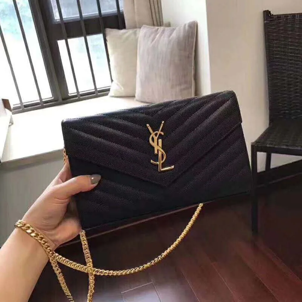 Saint Laurent Monogram Chain Wallet Grain De Poudre Embossed in Gold
