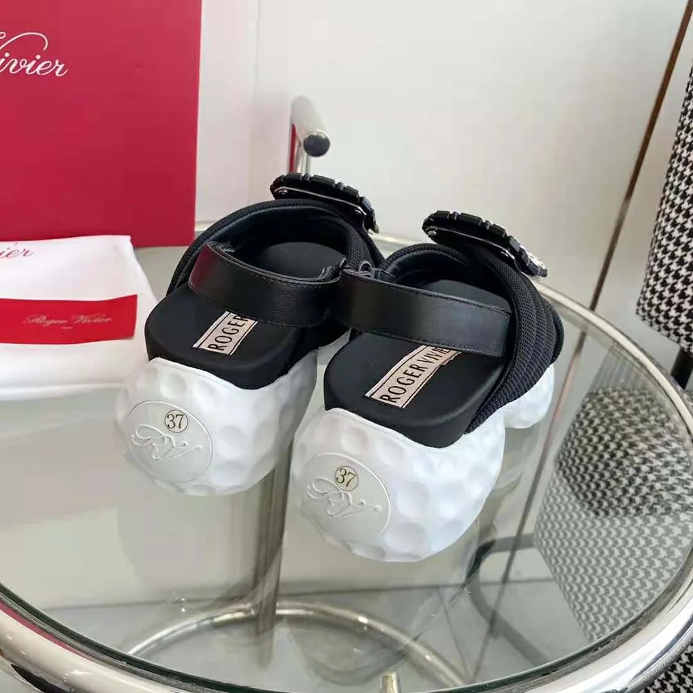 Roger Vivier Viv' Run Light Strass Buckle Sandals in Fabric for Women in Black Roger Vivier Viv' Run Light Strass Buckle Sandals in Fabric for Women in Black
