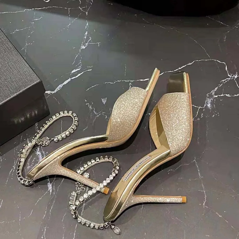 Jimmy Choo Saeda Sandal 100 Platinum Ice Dusty Glitter Sandals with Crystal Embellishment for Women Jimmy Choo Saeda Sandal 100 Platinum Ice Dusty Glitter Sandals with Crystal Embellishment for Women