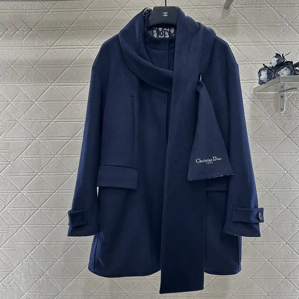 Dior Coat with Scarf Collar Navy Blue Double-Sided Virgin Wool and Silk for Women