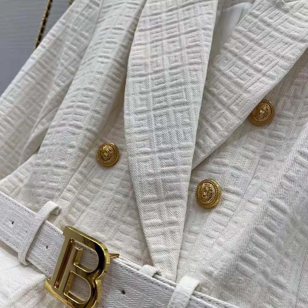 Balmain Double-Breasted Cotton Blazer with Balmain Buckle for Women in White
