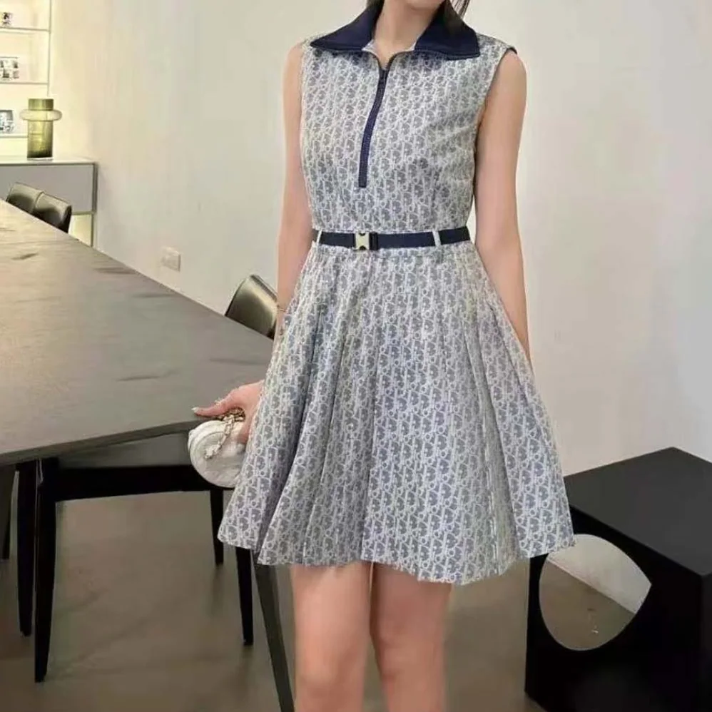 Dior Pleated Short Dress Light Blue and Ecru Technical Taffeta Jacquard for Women Dior Pleated Short Dress Light Blue and Ecru Technical Taffeta Jacquard for Women