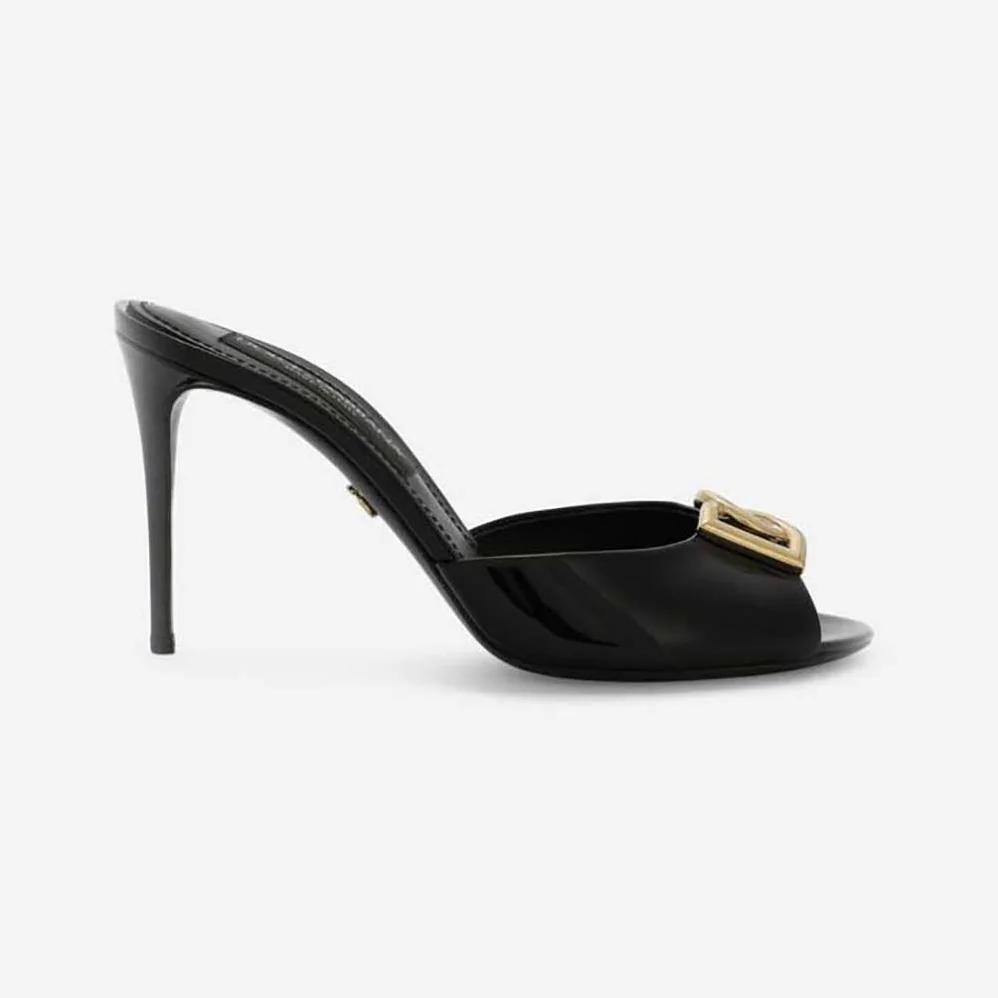 Dolce Gabbana D&G Patent Leather Mules with DG Logo for Women in Black