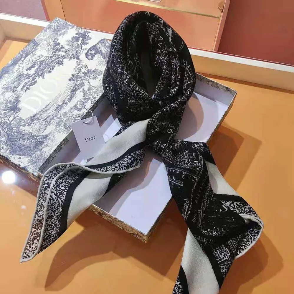 Dior Plan De Paris 90 Square Scarf Black and White Silk Twill for Women