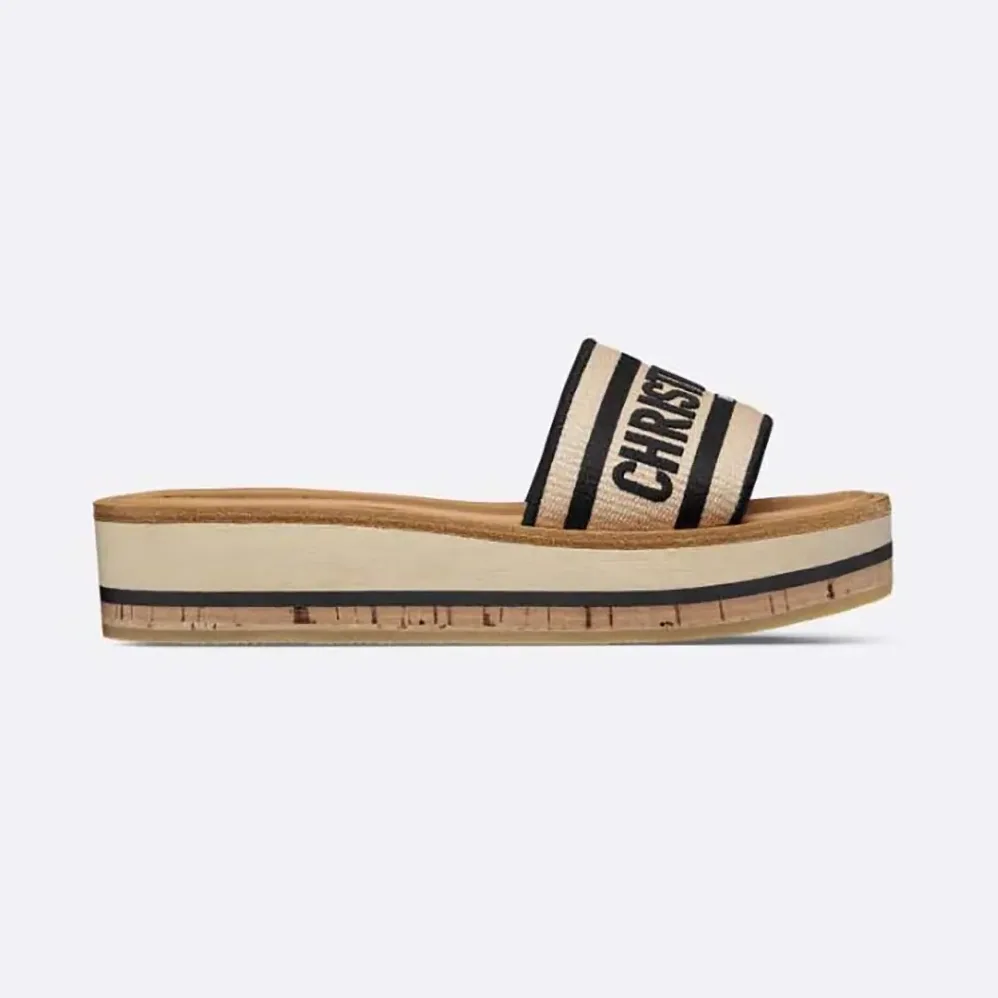 Dior Dway Platform Slide Natural Raffia and Black Embroidered Cotton for Women