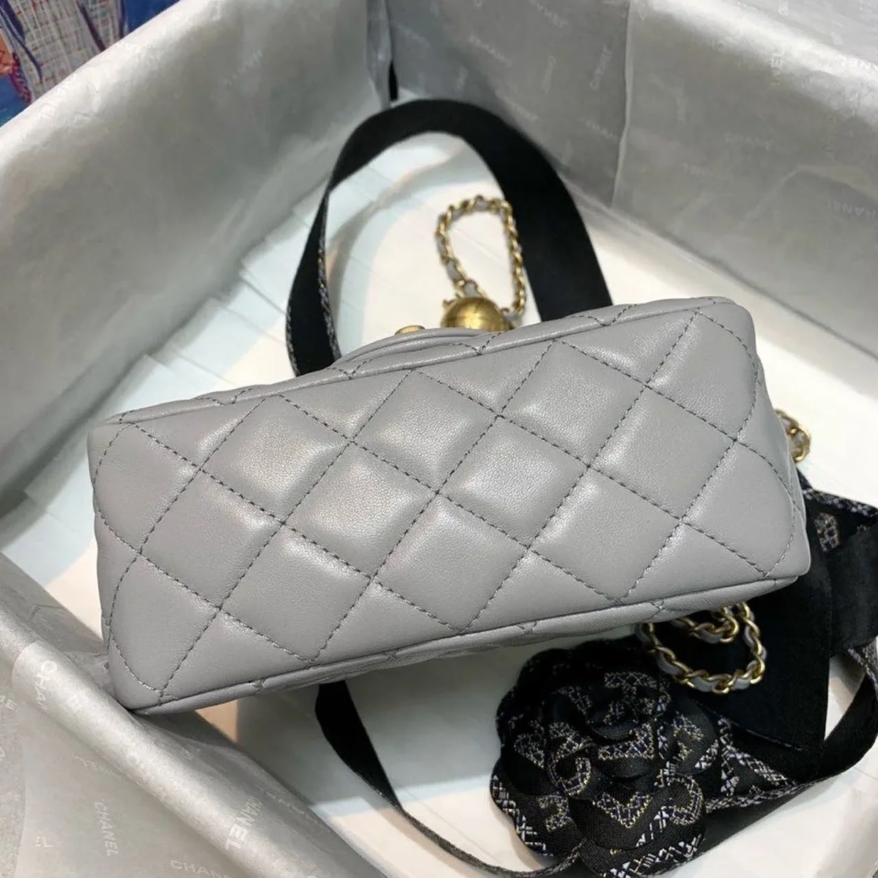 Chanel Classic Flap Bag With Charm Chain Mini Crossbody in Grey Gold Hardware
