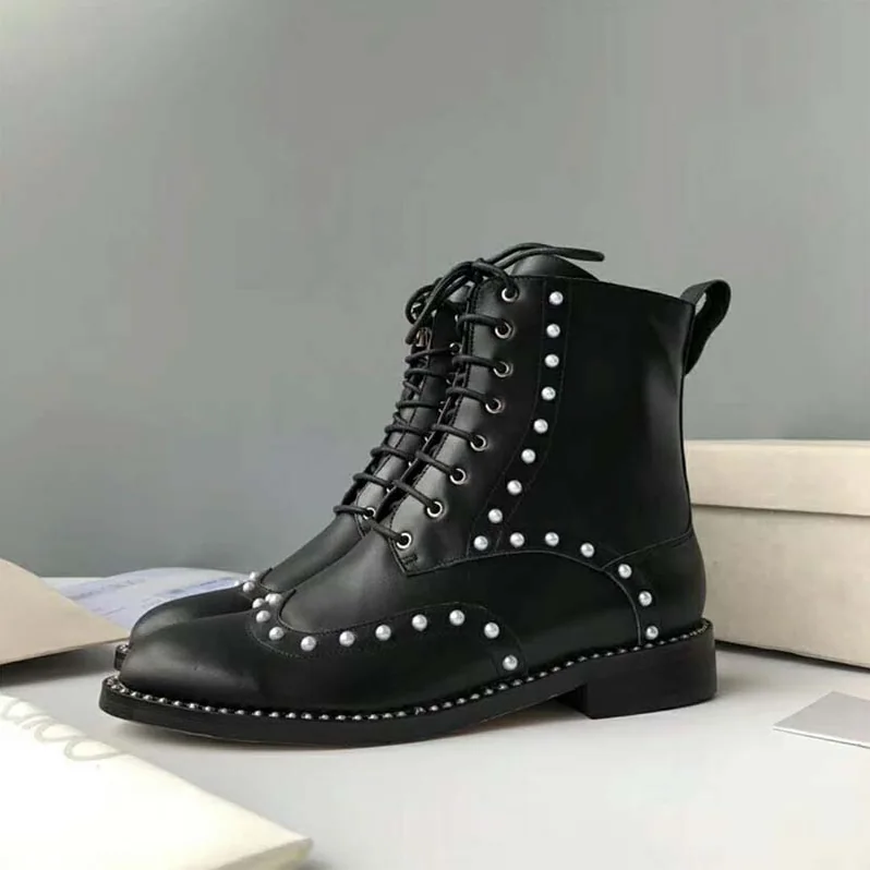 Jimmy Choo Shoes Hanah Flat Black Smooth Leather Boots with Pearl Detailing for Women Jimmy Choo Shoes Hanah Flat Black Smooth Leather Boots with Pearl Detailing for Women