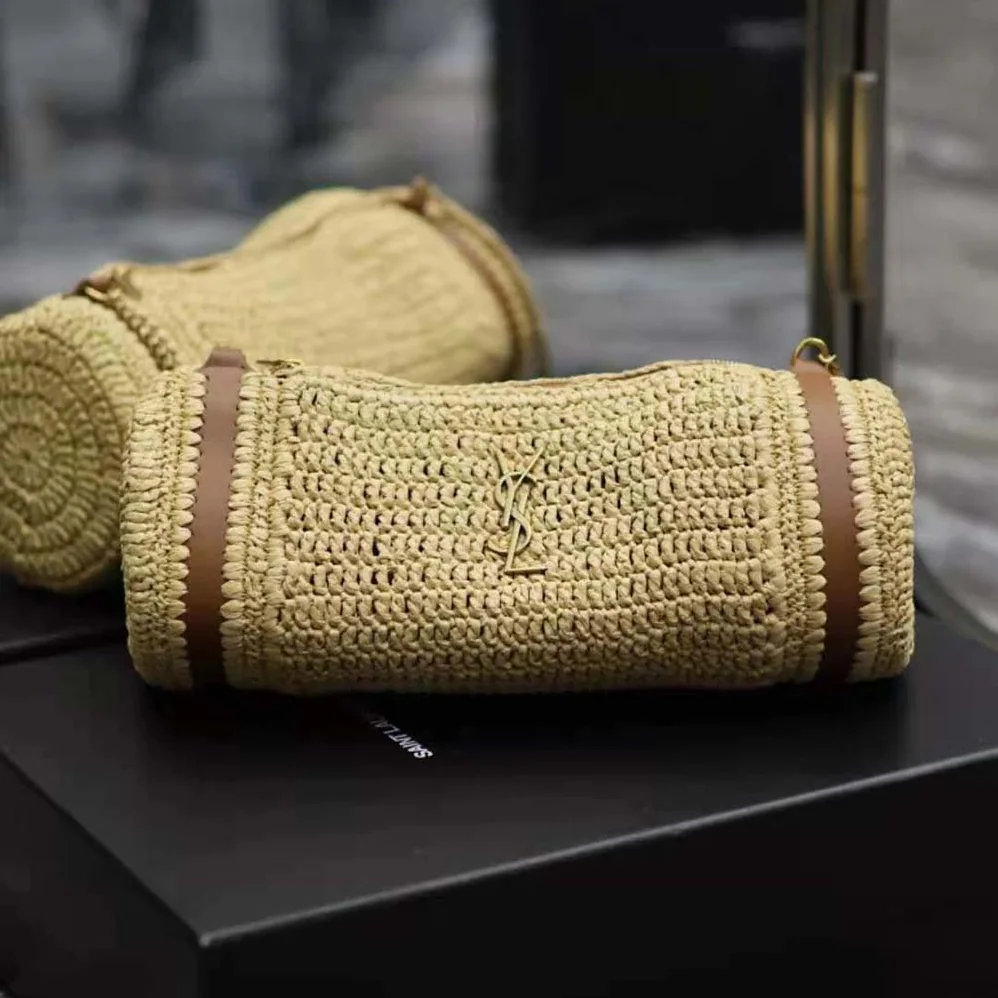 Saint Laurent YSL Cassandre Small Cylindric Bag in Raffia and Vegetable for Women in tanned Leather Saint Laurent YSL Cassandre Small Cylindric Bag in Raffia and Vegetable for Women in tanned Leather