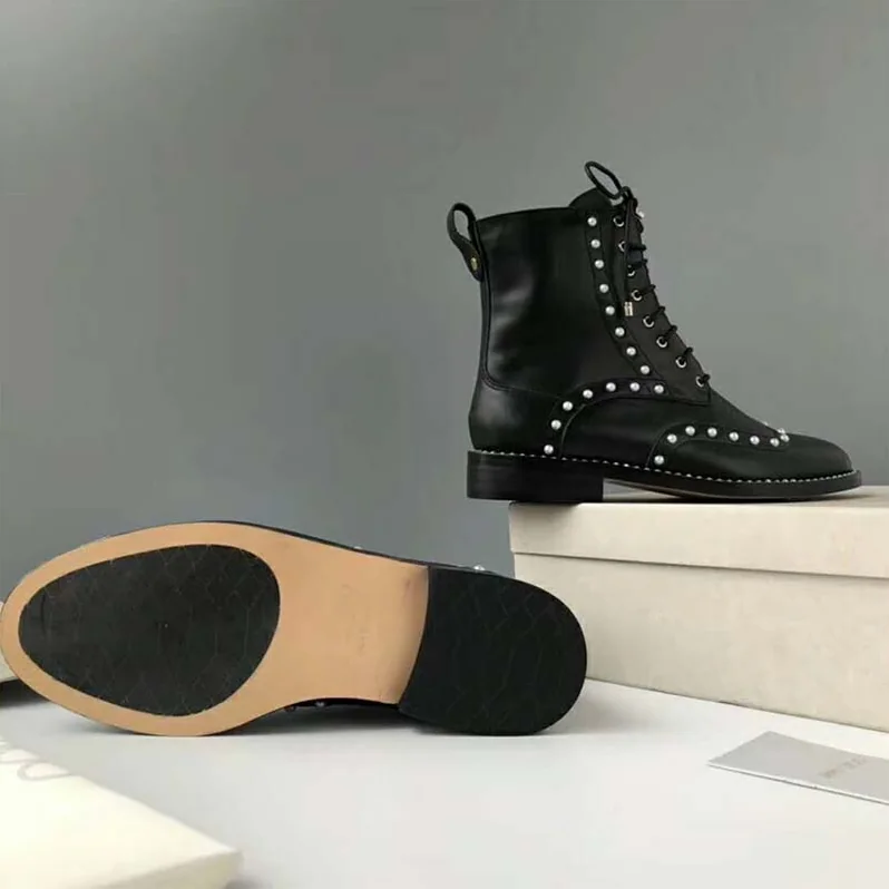 Jimmy Choo Shoes Hanah Flat Black Smooth Leather Boots with Pearl Detailing for Women Jimmy Choo Shoes Hanah Flat Black Smooth Leather Boots with Pearl Detailing for Women