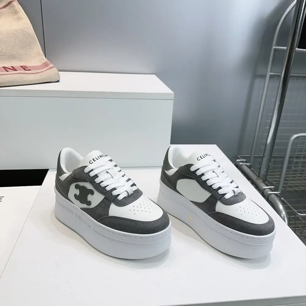 Celine Block Wedge Sneaker With Triomphe Patch In Calfskin And Suede Calfskin for Women in Gray Celine Block Wedge Sneaker With Triomphe Patch In Calfskin And Suede Calfskin for Women in Gray