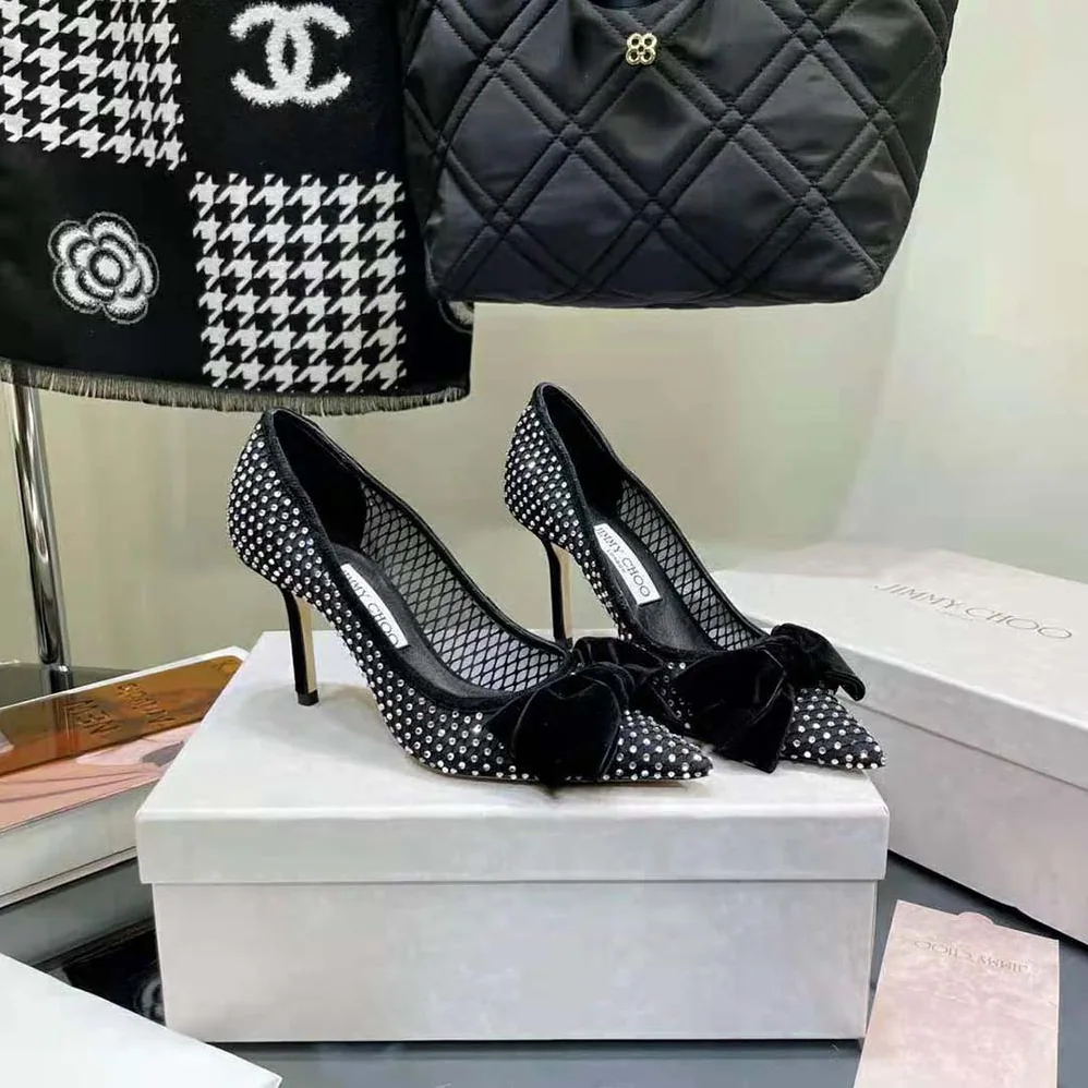 Jimmy Choo Love 100 Black Crystal Mesh Pumps with Bow for Women Jimmy Choo Love 100 Black Crystal Mesh Pumps with Bow for Women