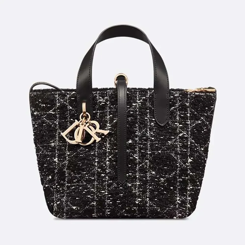 Dior Small Dior Toujours Vertical Tote Bag Black Tweed with White Cannage Motif for Women