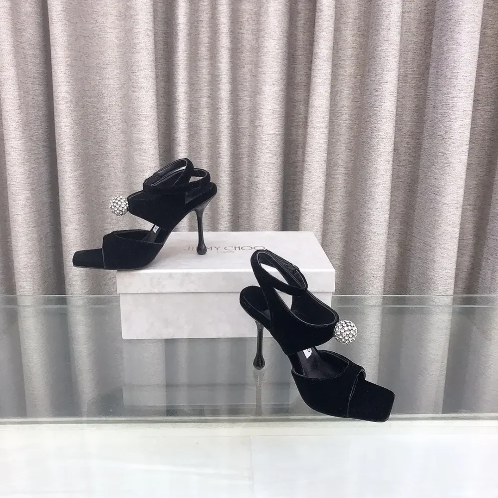 Jimmy Choo Orb 95 Black Velvet Sandals for Women
