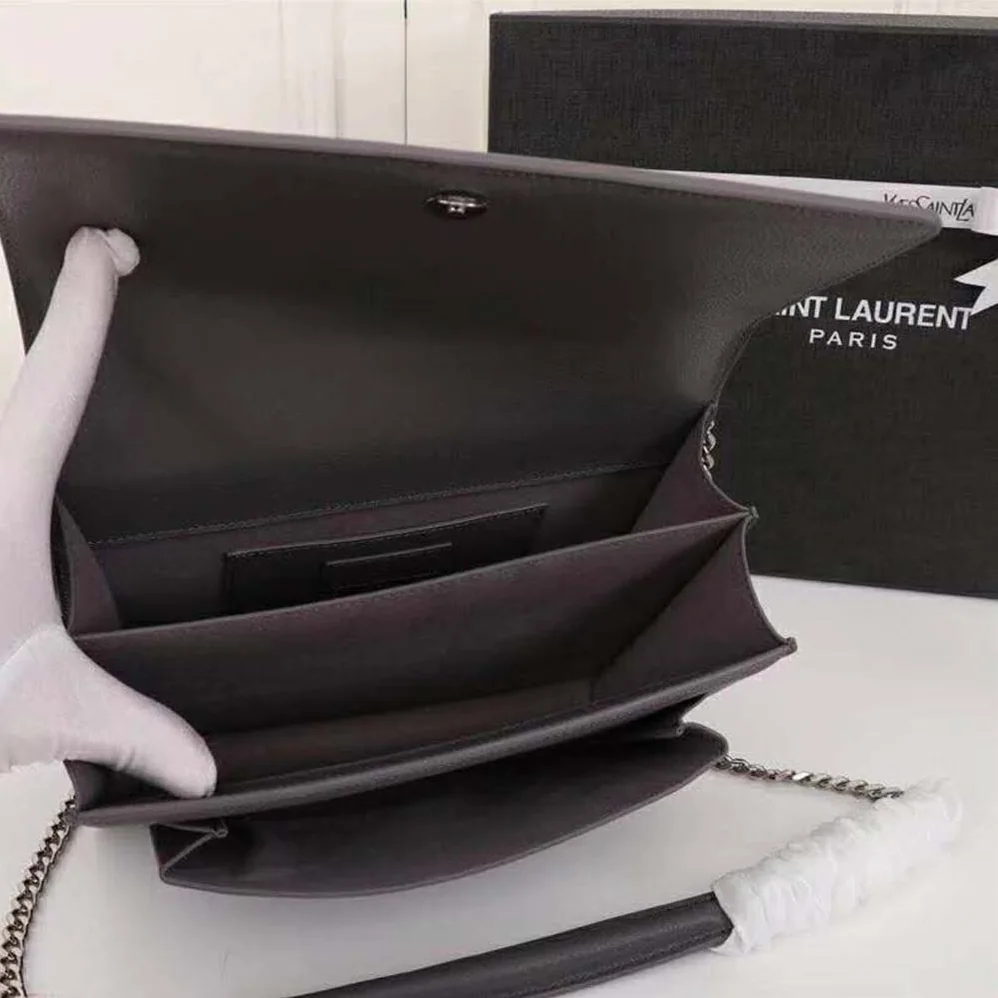 Saint Laurent YSL Medium Sunset Bag in Calfskin Leather in Grey
