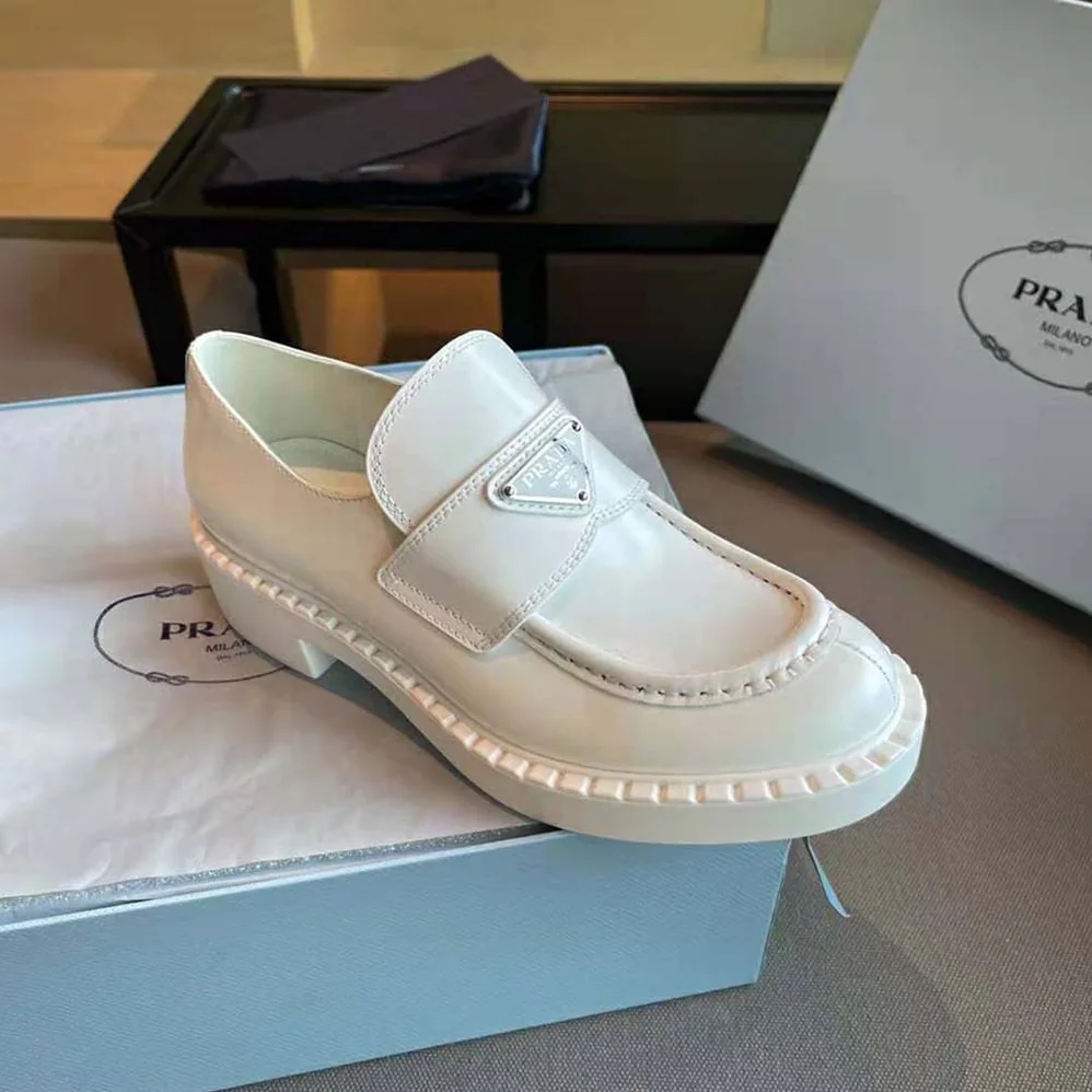 Prada Brushed Leather Loafers for Women in White Prada Brushed Leather Loafers for Women in White