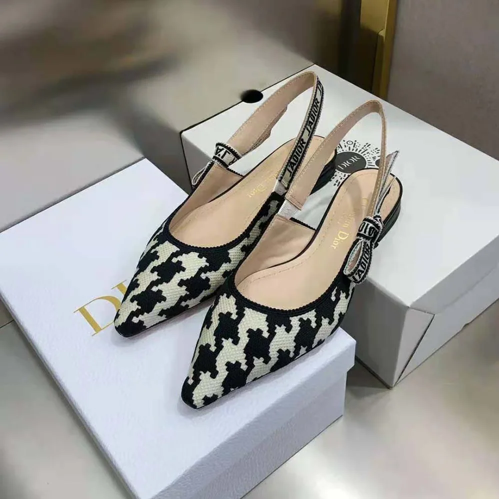 Dior J'Adior Slingback Ballerina Flat Black and White Cotton Embroidery for Women