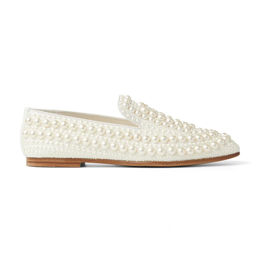 Jimmy Choo Varsha Flat White Satin Flats with All for Women in Over Pearl Embellishment