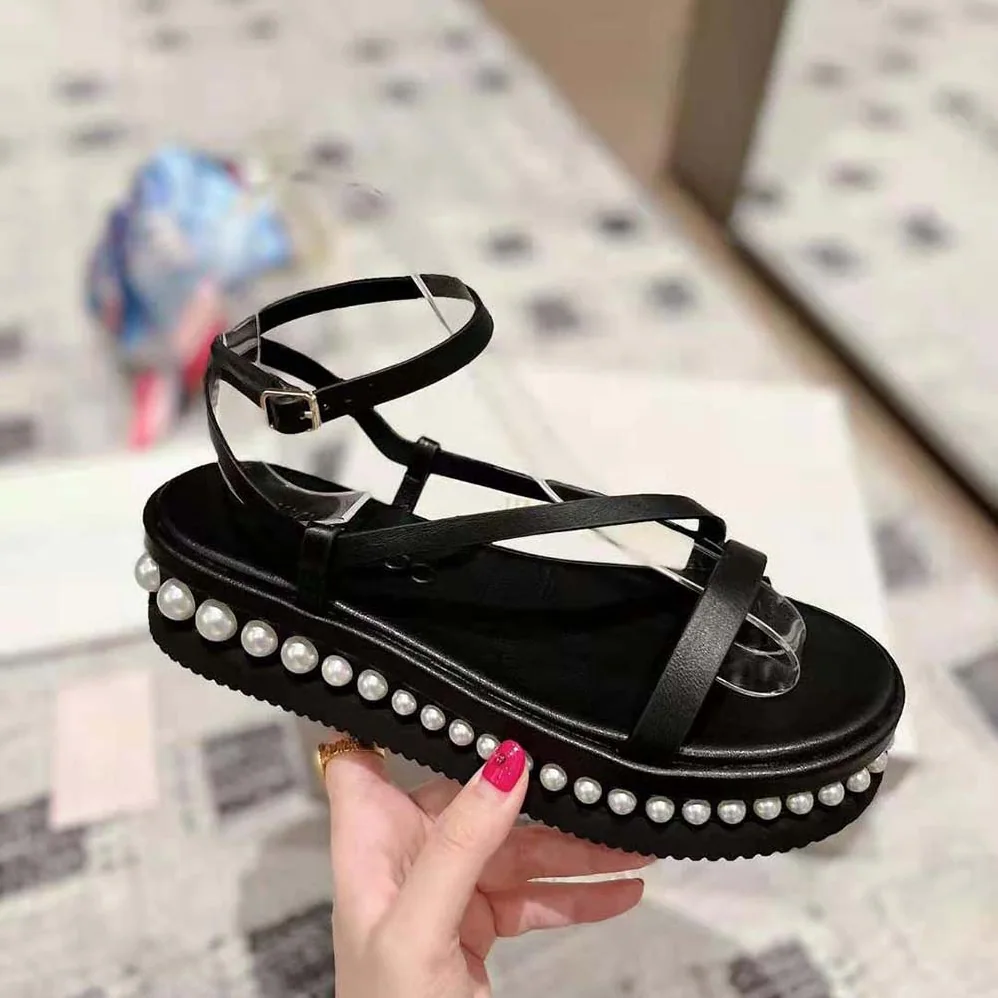Jimmy Choo Pine Flat Black Vachetta Leather Platform Sandals with Pearl Embellishment for Women