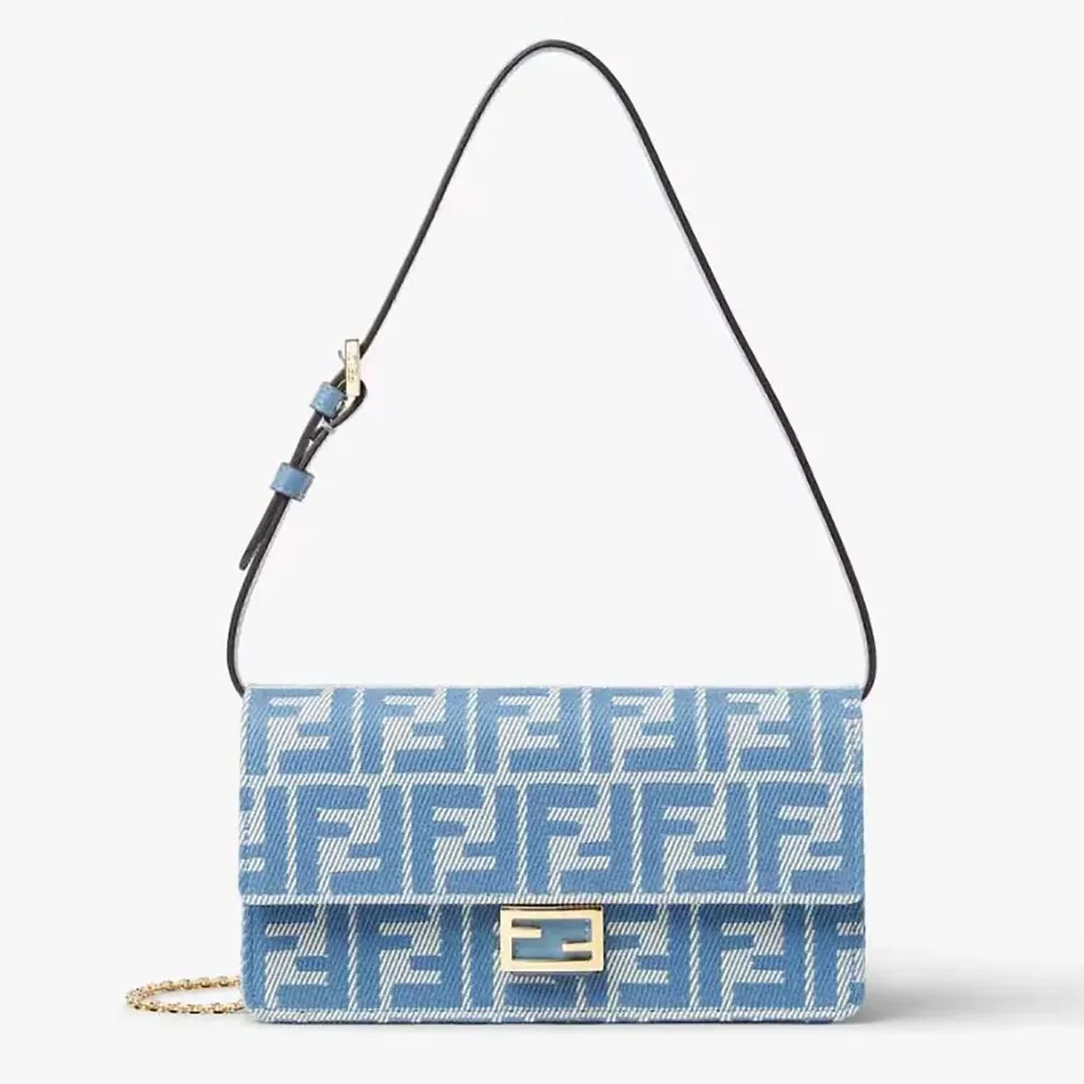 Fendi Wallet On Chain Baguette Blue Denim for Women in effect FF Jacquard Wallet