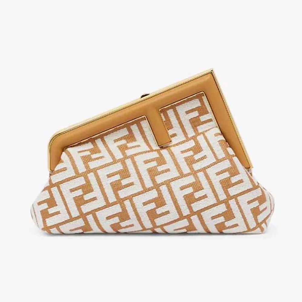 Fendi First Small Raffia Bag with White Tapestry Fabric FF Motif for Women Fendi First Small Raffia Bag with White Tapestry Fabric FF Motif for Women