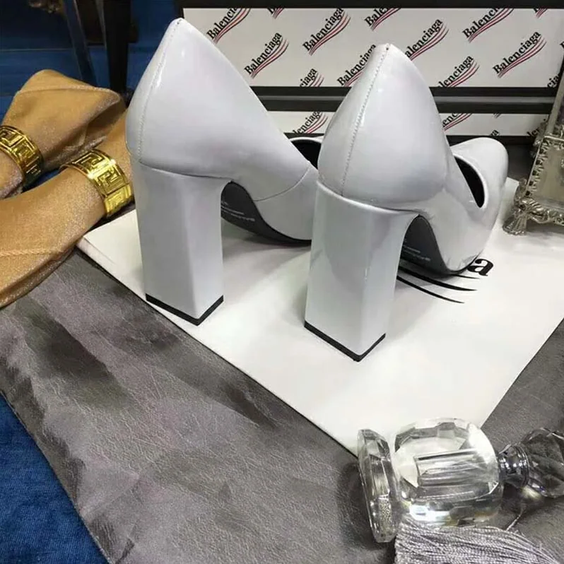 Balenciaga Shoes Round Toe Glazed Calfskin Pumps 110mm Heel for Women in White Balenciaga Shoes Round Toe Glazed Calfskin Pumps 110mm Heel for Women in White
