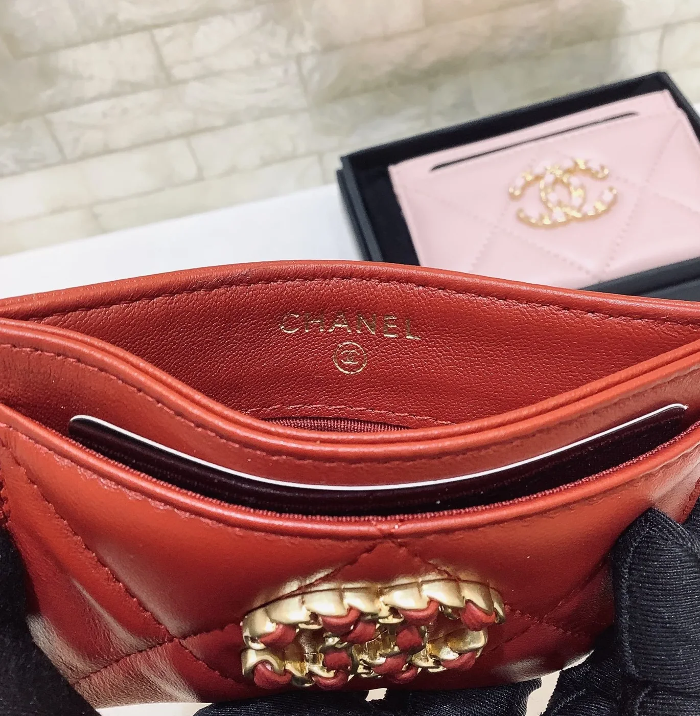Chanel CO-CO 19 Card Holder Wallet in Gold Toned Hardware Red