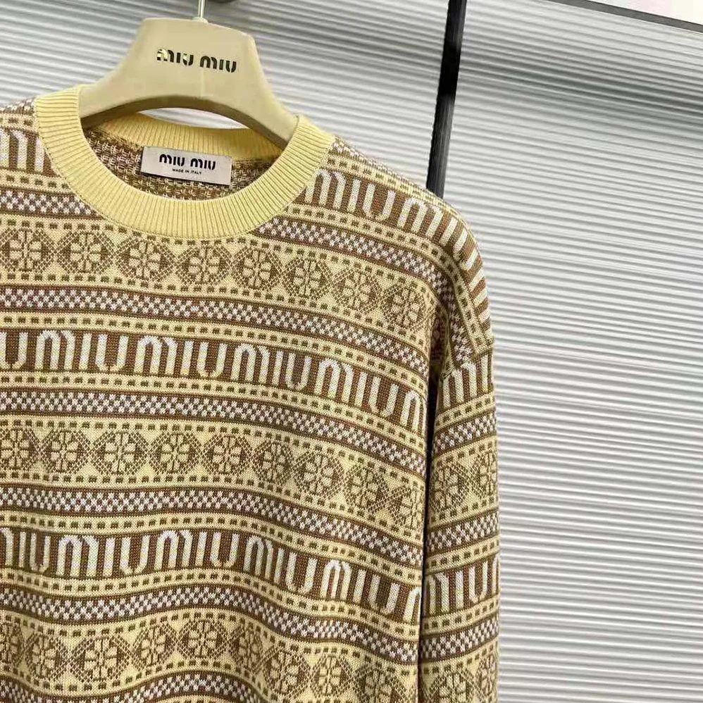 Miu Miu Wool Sweater with Jacquard Logo for Women in Yellow