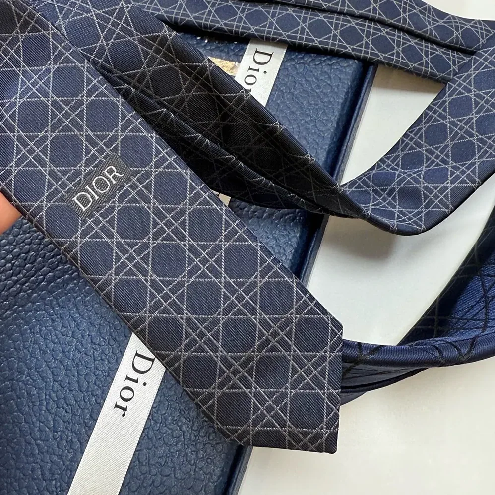 Dior Striped Cannage Tie Navy Blue Gray and White Silk for Men