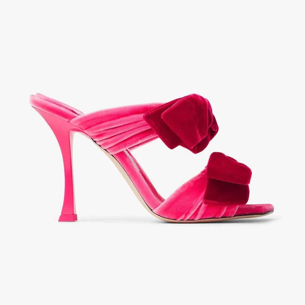 Jimmy Choo Flaca Sandal 100 Candy Pink Velvet Sandal with Bow for Women Jimmy Choo Flaca Sandal 100 Candy Pink Velvet Sandal with Bow for Women