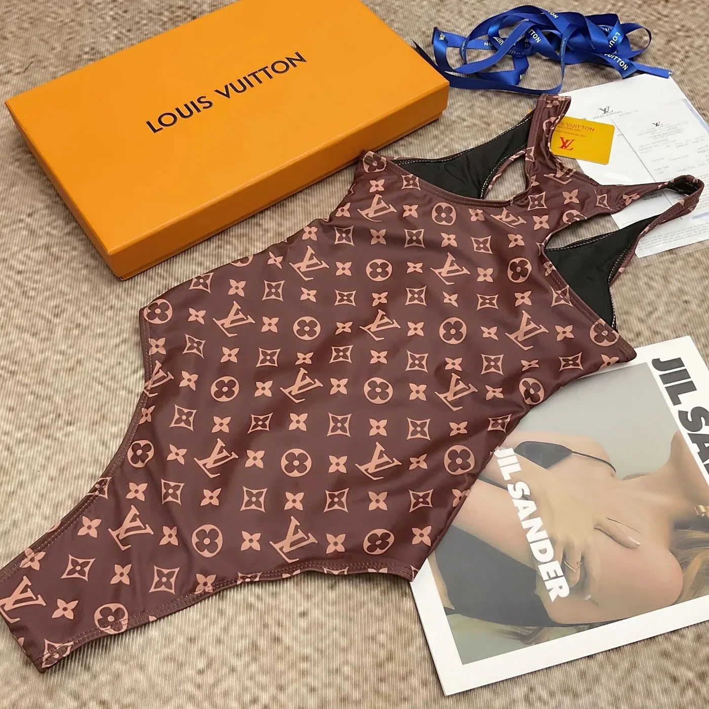 Louis Vuitton Front-Zip Racerback One in Piece Swimsuit Brown Monogram Louis Vuitton Front-Zip Racerback One in Piece Swimsuit Brown Monogram