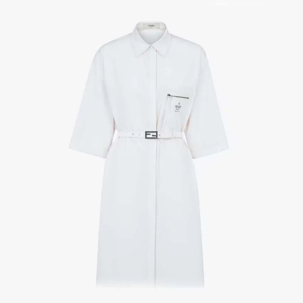 Fendi White Cotton Dress with Pointed Collar and Wide Elbow for Women in Length Sleeves