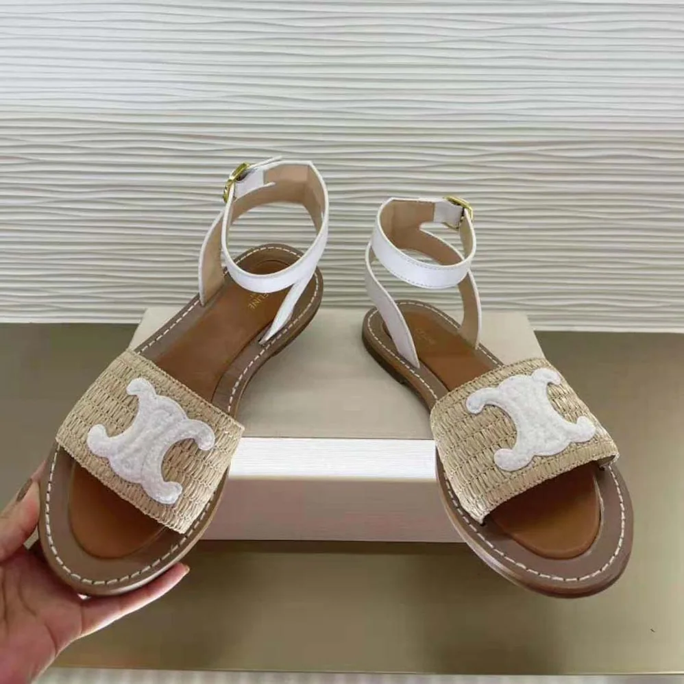 Celine Lympia Flat Strap Sandal in Raffia & Calfskin for Women in White Celine Lympia Flat Strap Sandal in Raffia & Calfskin for Women in White