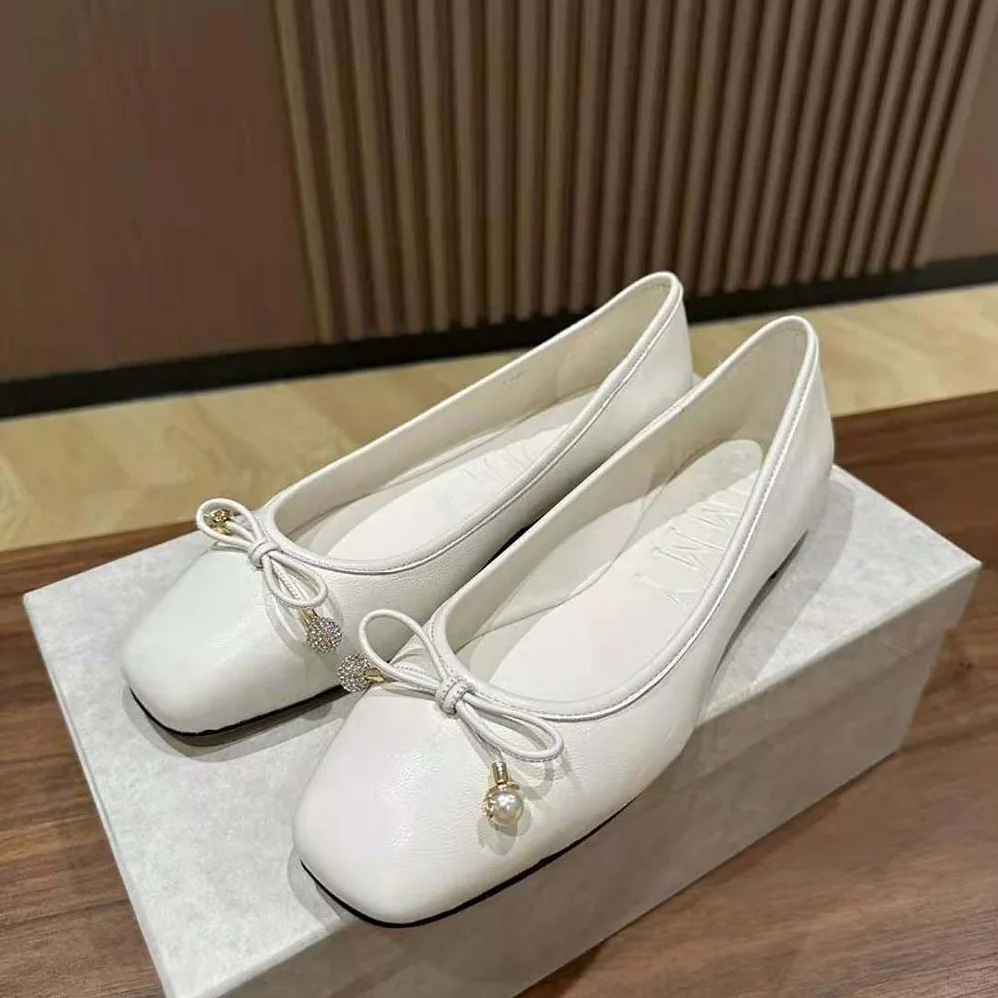 Jimmy Choo Elme Flat Latte Nappa Leather Flats with Pearl Embellishment for Women Jimmy Choo Elme Flat Latte Nappa Leather Flats with Pearl Embellishment for Women