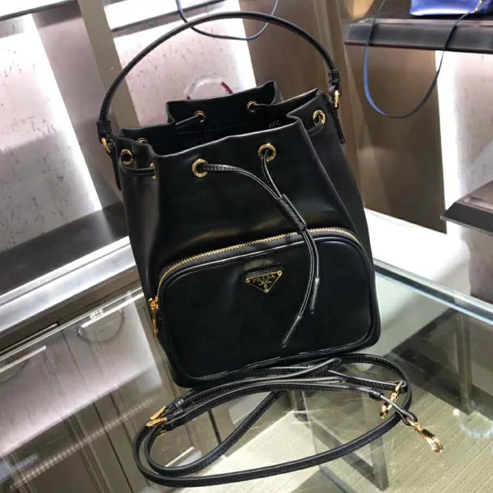 Prada Leather Bucket Shoulder Bag for Women in Black