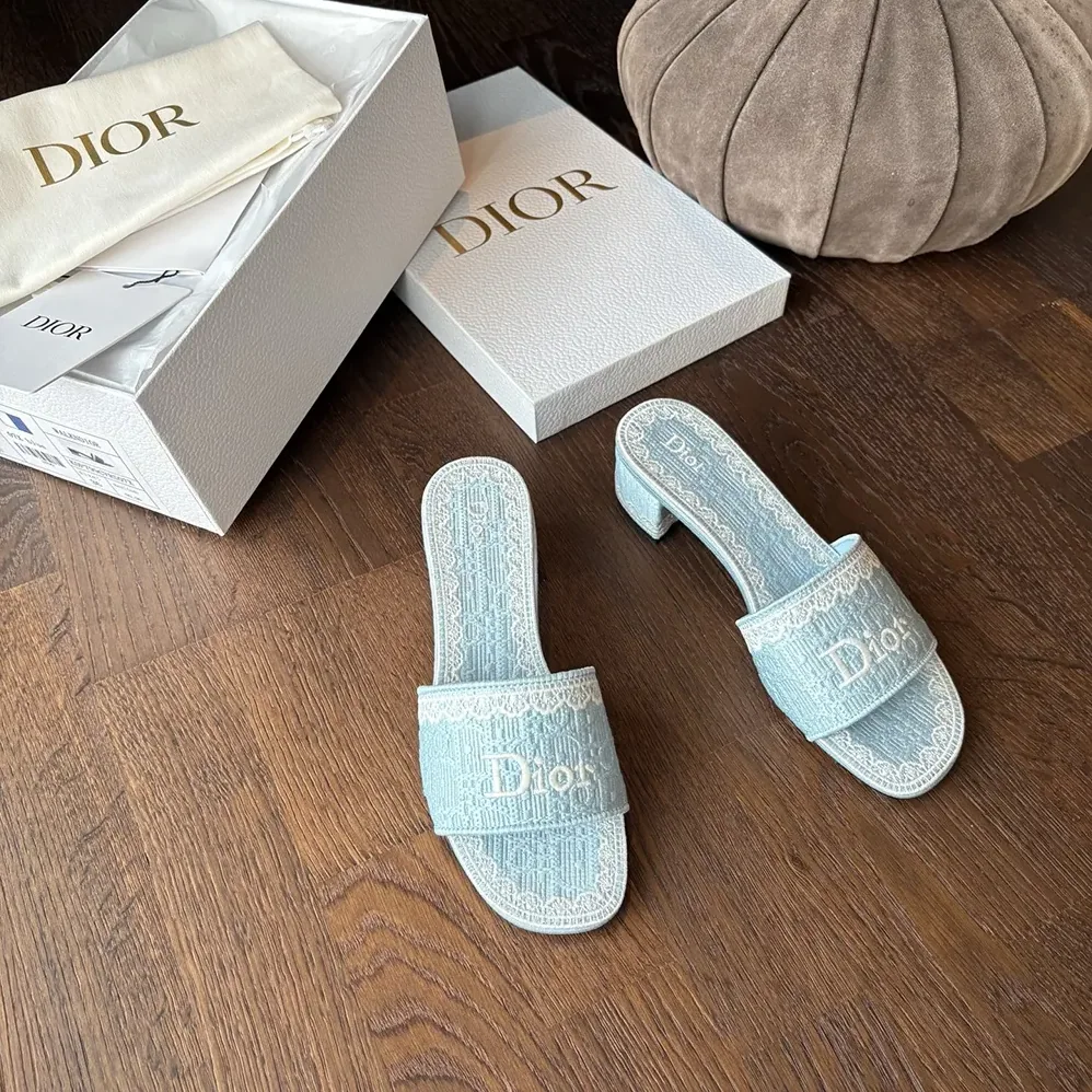 Dior Dentelle Heeled Slide Sky Blue Dior Oblique Embroidered Cotton and White Lace for Women Dior Dentelle Heeled Slide Sky Blue Dior Oblique Embroidered Cotton and White Lace for Women