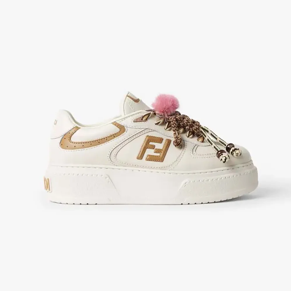 Fendi Match Low Top Platform Shoes In White Leather With Charm for Women