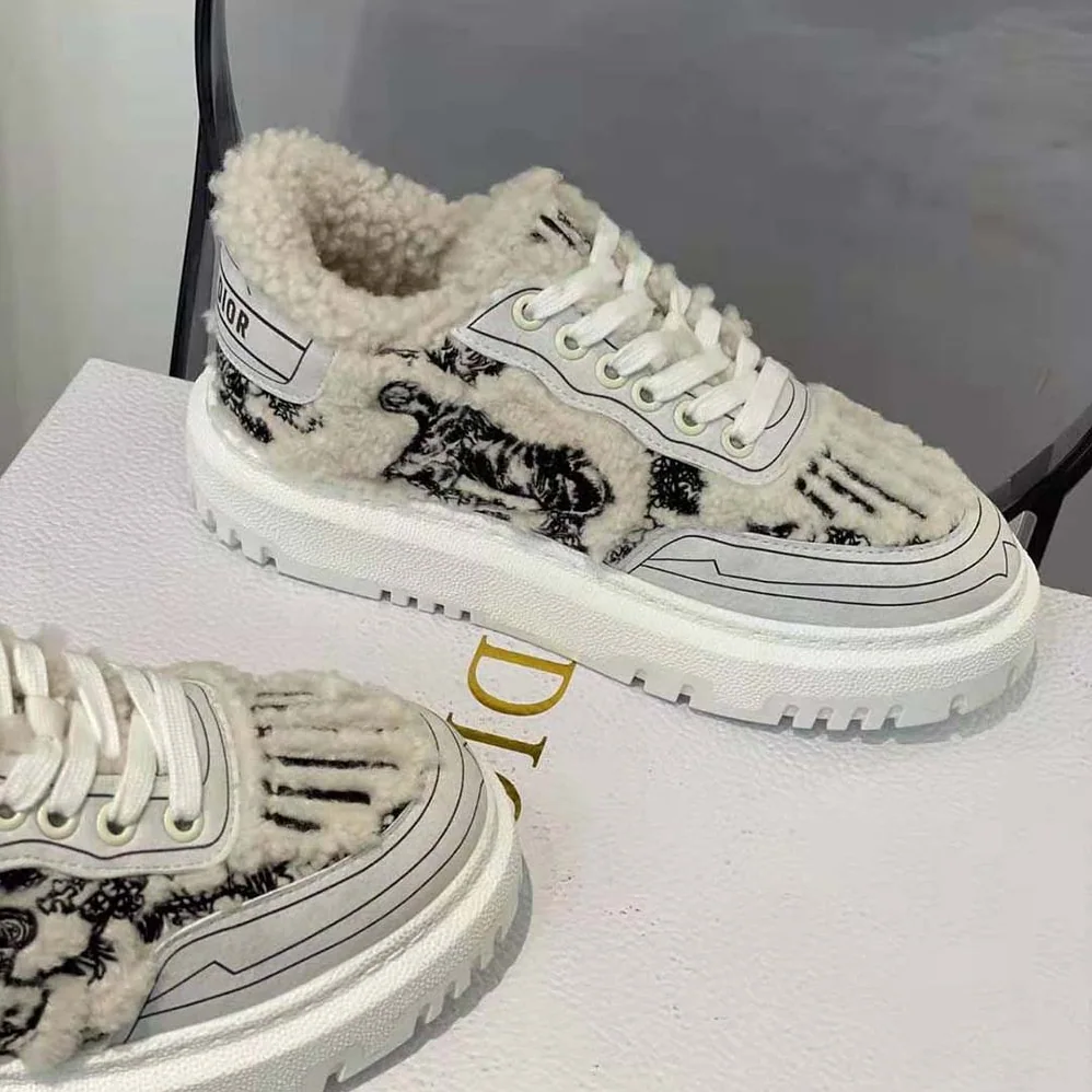 Dior Addict Sneaker Blue Toile de Jouy Embroidered Natural Shearling for Women