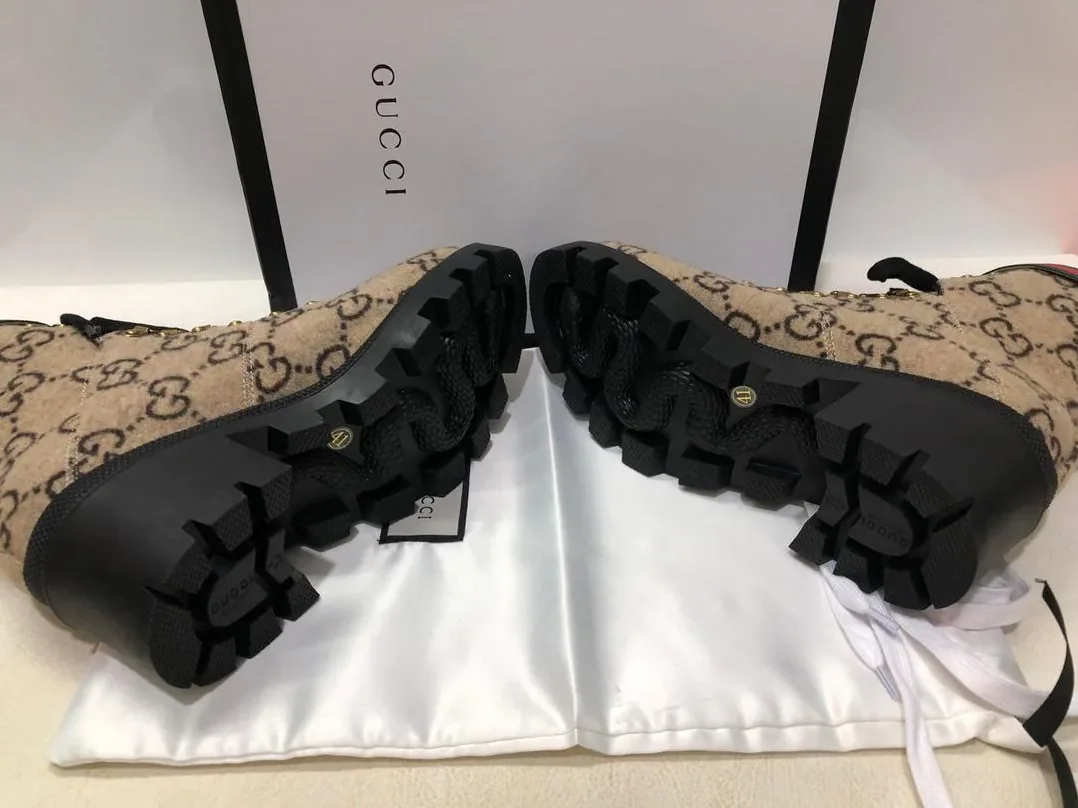 Gucci Trip GG Wool Combat Boots By Canvas Beige in Ebony