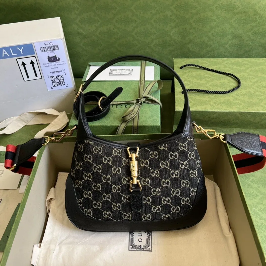 Gucci Jackie 1961 Small Shoulder Bag Black And Ivory GG Denim Jacquard /