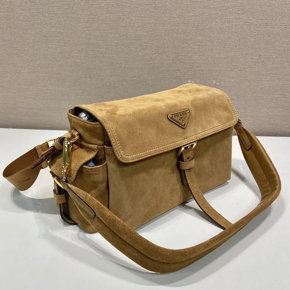 Prada Explore Medium Suede Shoulder Bag With Flap for Women in Brown