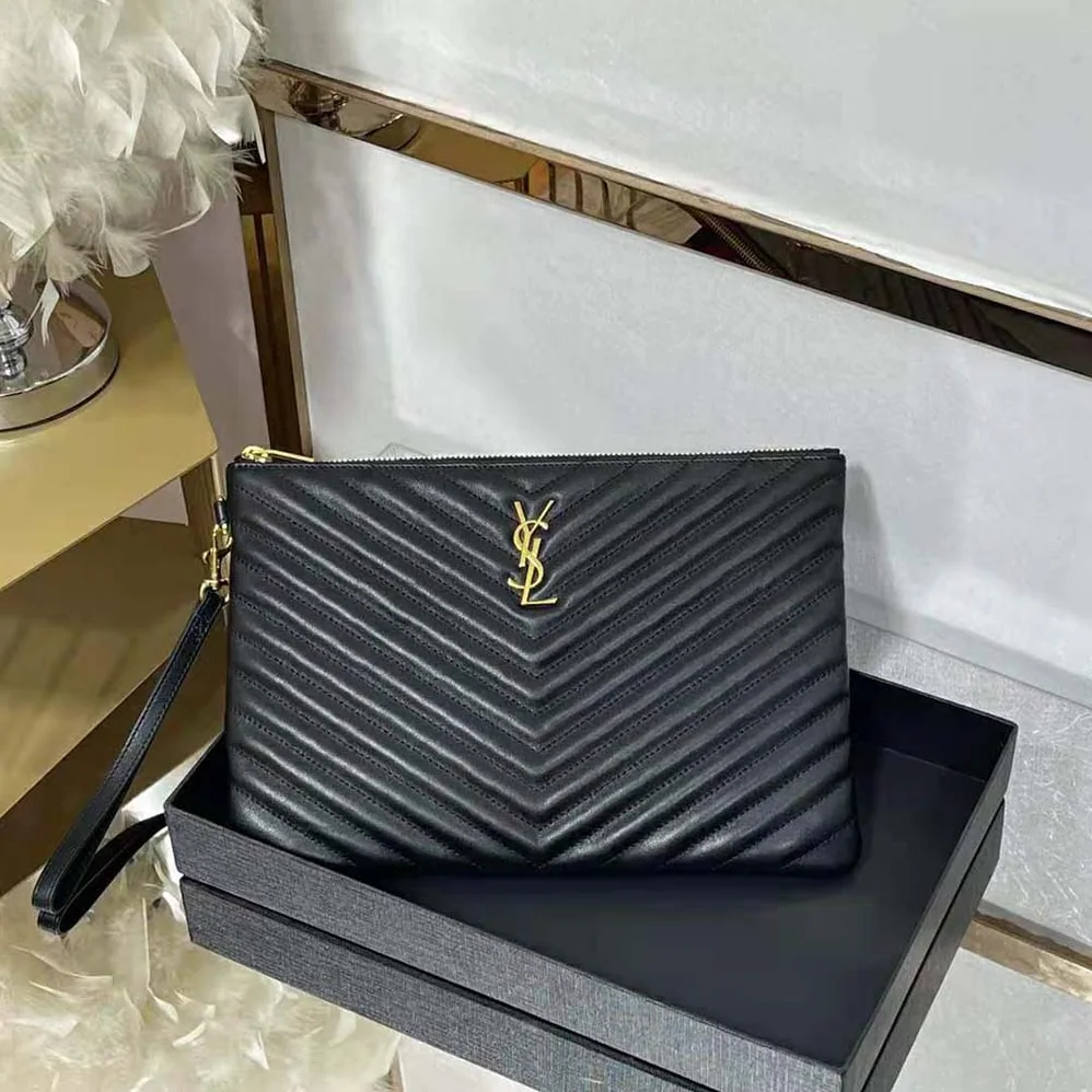 Saint Laurent YSL Monogram Tablet Pouch in Matelassé Leather for Women in Black Saint Laurent YSL Monogram Tablet Pouch in Matelassé Leather for Women in Black