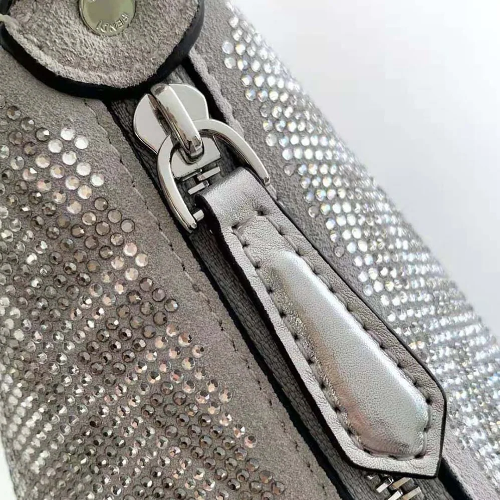 Fendi Fendigraphy Mini Silver Leather Mini Bag with Crystal FF Motif for Women Fendi Fendigraphy Mini Silver Leather Mini Bag with Crystal FF Motif for Women